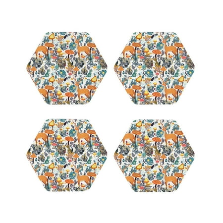 

KLL Drink Coasters Set Hexagon of 4 PU Leather Absorbent Coasters Set Decorative Coffee Cup Coasters Housewarming Gift for Home Decor-Abstract Plants Mushroom Deer