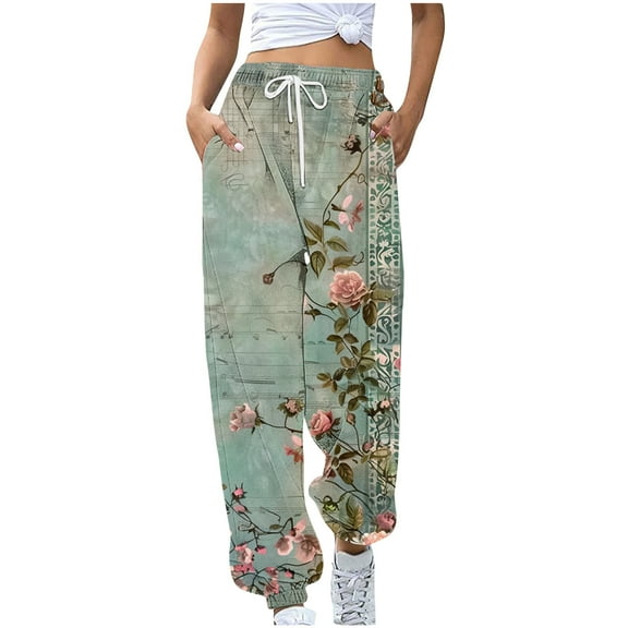 successthop Baggy Sweatpants for Women Fleece Drawstring Joggers ELastic Printed Sportpants High Waist Casual Trousers