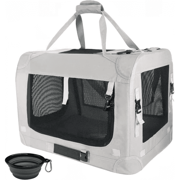 Extra Large Soft Sided Cat Carrier for 2 Cats or Medium Dog 24 x 16.5 x 16 Inches Folding with Bowl Grey Without Curtain