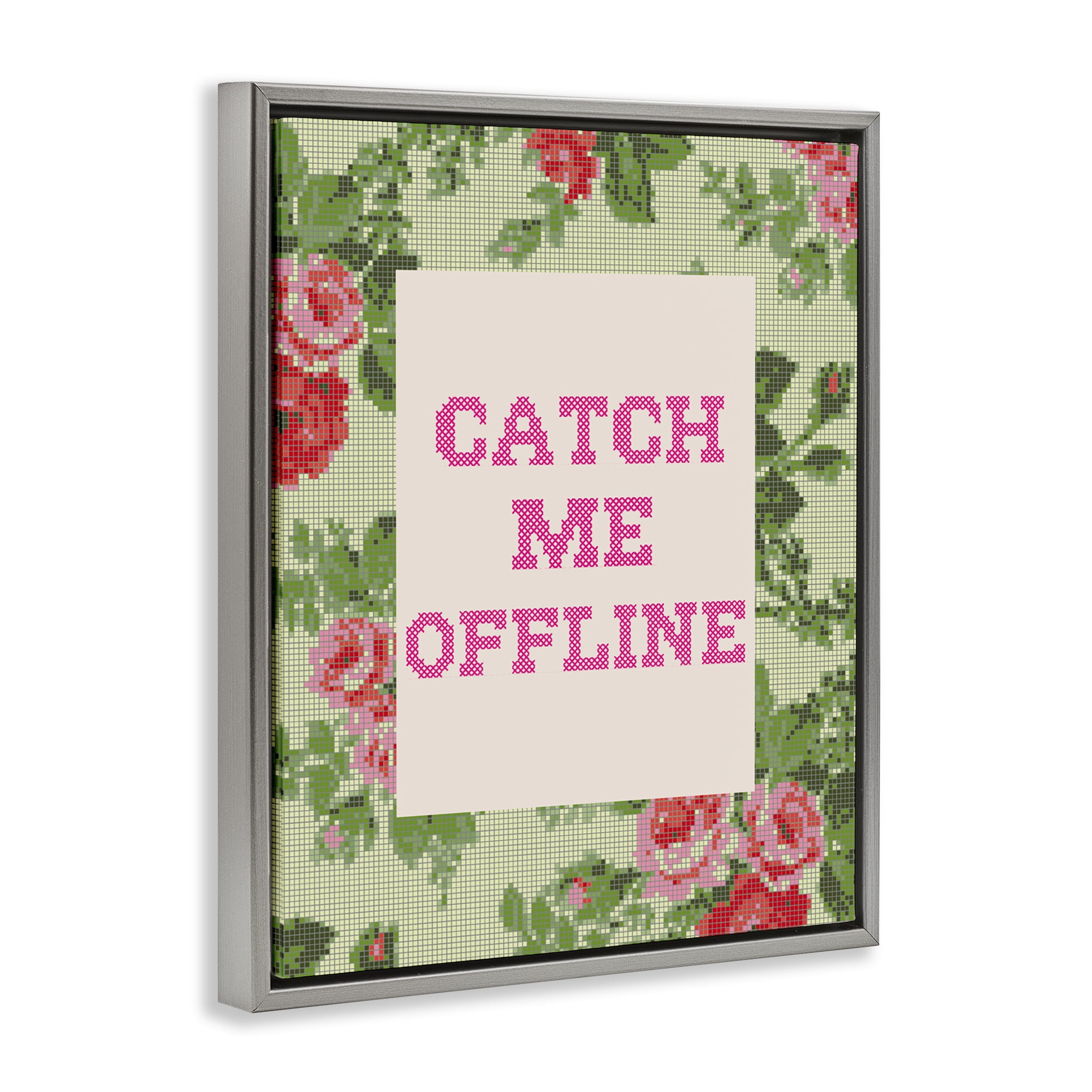 Stupell Industries Catch Me Offline Faux Cross Stitch Gray Framed Floater Canvas Wall Art, design by Lil' Rue