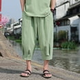 thumbnail image 2 of JUUYY Men's Linen Cropped Trousers Hippie Harem Pants 3/4 Length Pants Elasticated Waist Trouser Solid Color Shorts Baggy Beach Pants Green XXXXL, 2 of 7
