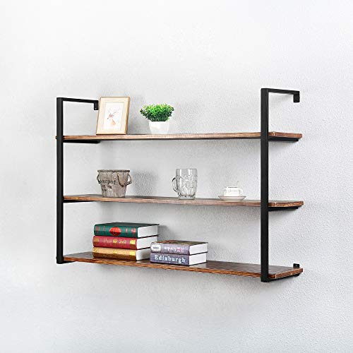 Rustic Metal and Wood Wall Shelf Unit 3 Tier,Farmhouse Floating Bookshelf Wall Mounted,48in