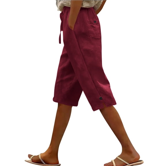 UAMVSH Bermuda Shorts for Women Knee Length Casual Drawstring Linen Shorts Button Side Split Summer Beach Shorts with Pockets
