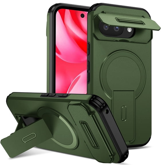 For Google Pixel 9A Rugged Phone Case,With Invisible Kickstand,Compatible with Mag-Safe,With Camera Lens Cover,Shockproof Anti-Scratch Drop Protection Durable Heavy Duty Phone Case,Green