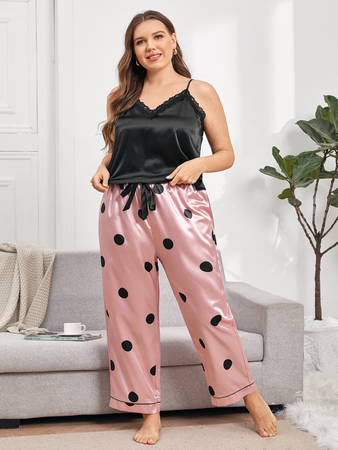 OLRIK Clothing - Women's Plus Size Lace Trim Polka Dot Satin Cami PJ Set - Walmart.com - Walmart.com