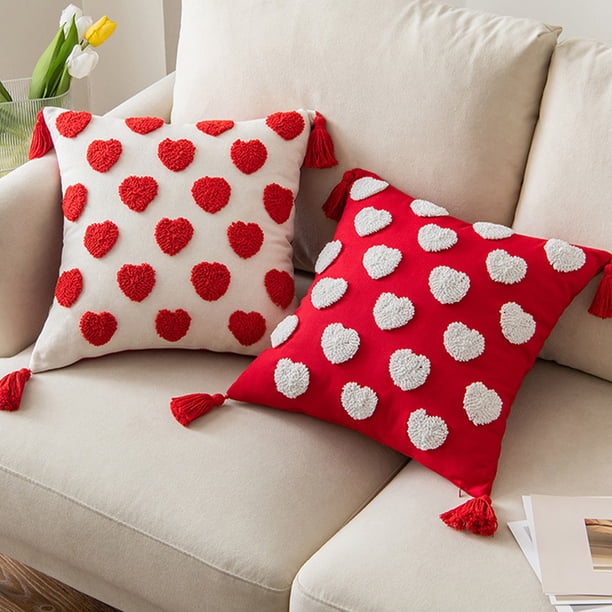 Funda de cojín de lino en forma de corazón 18x18 pulgadas - Decoración de San Valentín en rojo y blanco, regalo de aniversario, funda de cojines de sofá con cremallera oculta