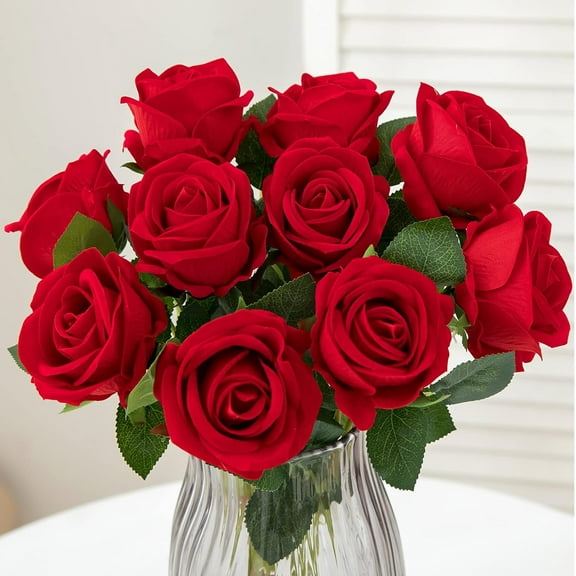 Artificial Roses Silk Flowers Fake Roses Bouquet Long Stem for Home Wedding Decoration Party (Red)