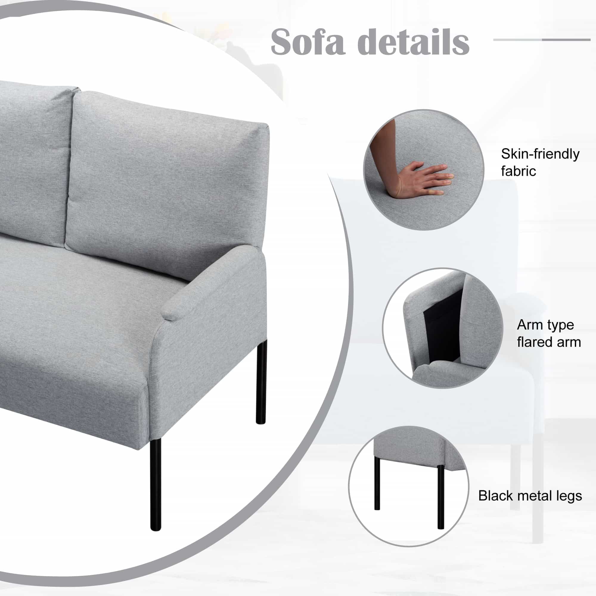 BSHTI Linen Blend Upholstery Loveseat Couch,2 Seating,Metal Frame,High-density Fam Seat Loveseat,Well in Apartments or Rooms with Limited Space(Light Gray)