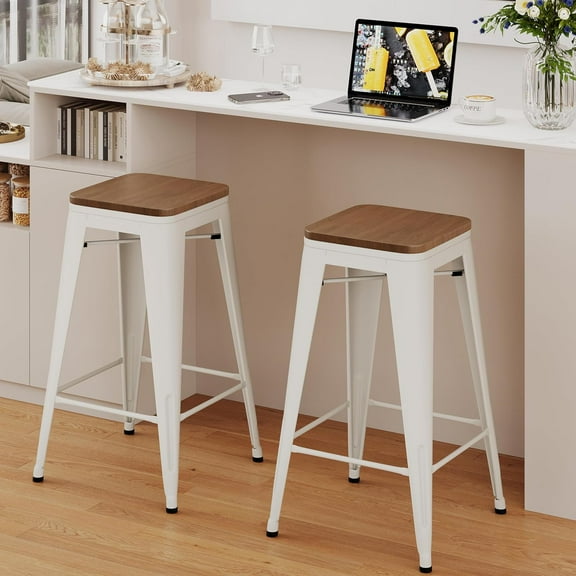 Alunaune 24" Metal Bar Stools Set of 2 Industrial Backless Counter Height Barstools Kitchen Patio Stool Stackable with Wooden Seat-White