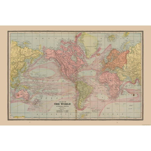 Historic Map - World Chart - Cram 1888 - 34.75 x 23 - Vintage Wall Art