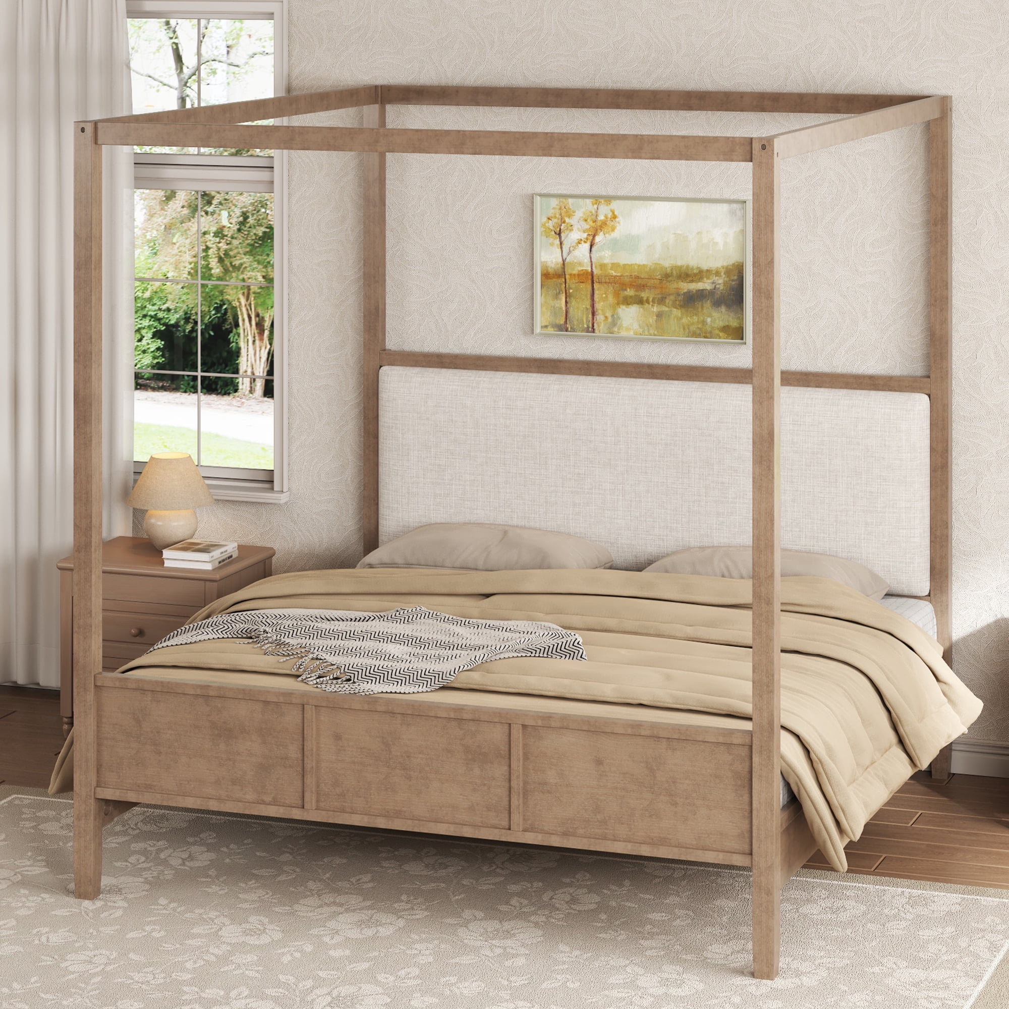 Euroco Wood King Size Canopy Bed with Upholstery Headboard, Modern Platform Bed, No Spring Box Needed, Natural