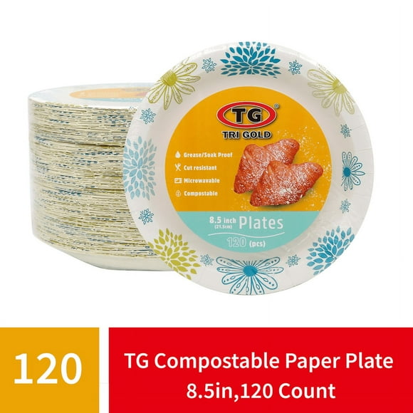 TG TRIGOLD Compostable Heavy Duty Disposable Paper Plates, 8.5",120 Count