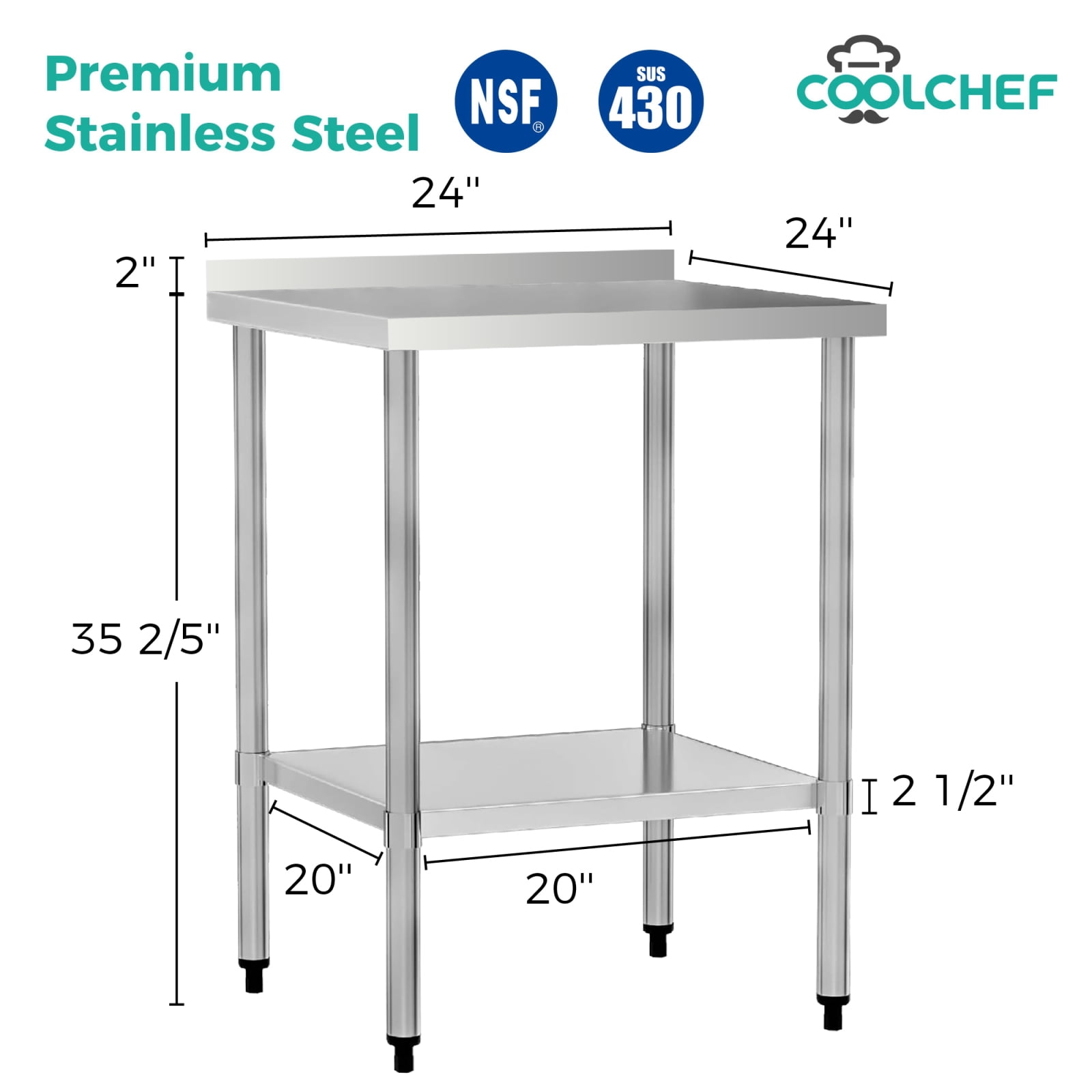 Miekor Furniture 24" x 24" 18-Gauge Stainless Steel Commercial Work Table with 4" Backsplash and Undershelf No.3804