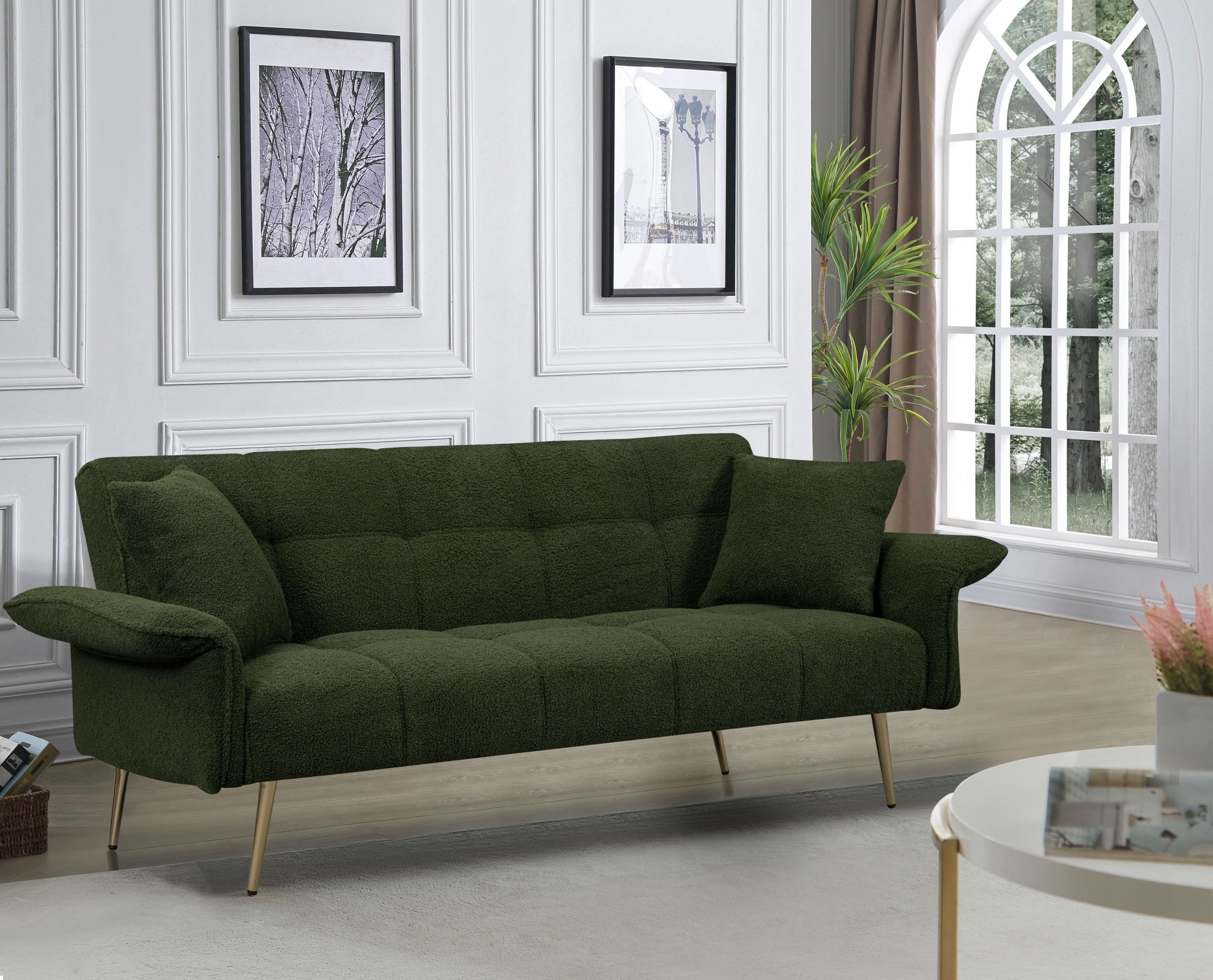 Gewnee Futon Sofa Bed, Convertible Double Sofa Bed with Folding Armrests - Teddy Velvet Fabric & Sturdy Wood Frame for Living Rooms & Small Spaces，Green