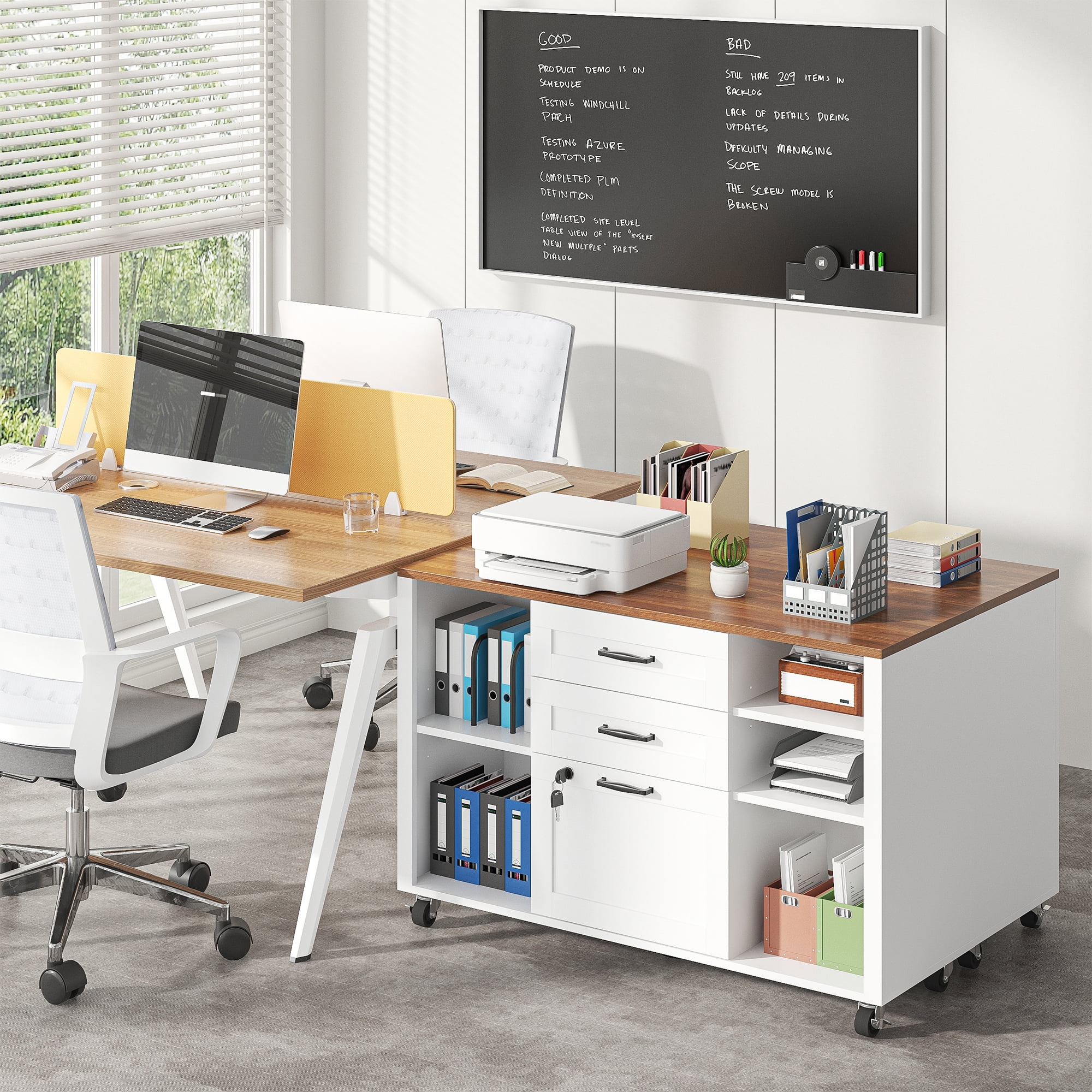 Modfurne 3 Drawer Wood Mobile Large lateral File Cabinet, Lockable Rolling Filing Cabinet, Printer Stand Home Office Storage Fits Files Legal/A4 (White)