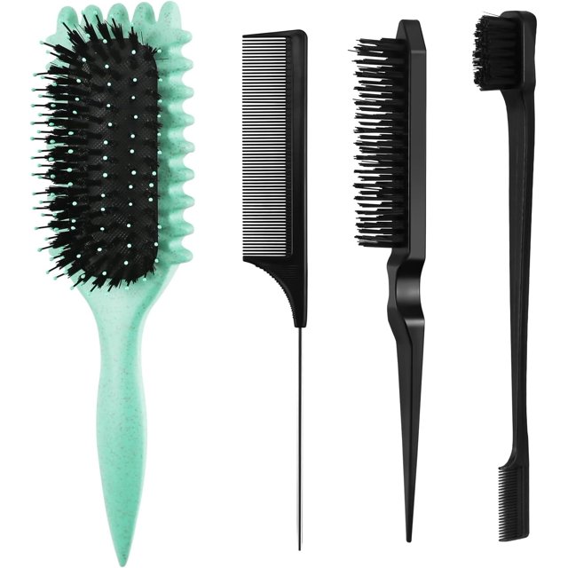 4 Pcs Bounce Curl Defining Brush Comb Set, Slick Back Hair Brush, Bounce Curly Hair Defining Brush, with Edge Brush, Bristle Brush, Rat Tail Comb, for Shaping and Defining Curls, Curl Separation