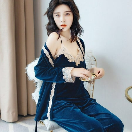 

PIKADINGNIS Autumn Winter Warm Pajamas Set Women Sleep Set Deep Gold Velvet Sexy Homewear Pijama Women Pajama Sets Long Pant Set Robe Women