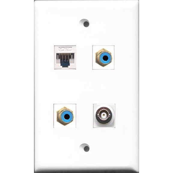 RiteAV - 2 Port RCA Blue and 1 Port BNC and 1 Port Cat5e Ethernet White Wall Plate