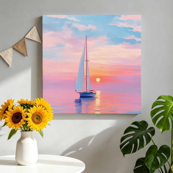 Canvas Wall Art Sailboat Canvas Art Print Ocean Sunset Horizon Coastal Nautical Pictures Wall Decor for Living Room Bedroom Artwork Decorations Stretched Framed Ready to Hang 10"x10"