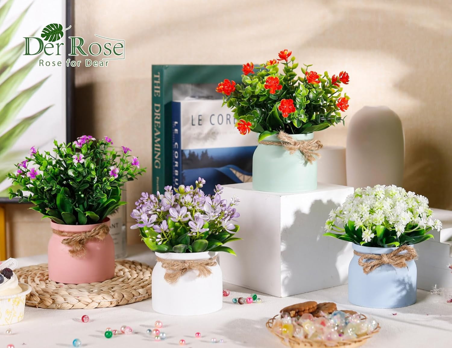4 Pack Fake Flowers Small Artificial Faux Plants Indoor Summer Spring Decor for Centerpiece Table Decorations Home Office Desk Wedding Apartment Decor