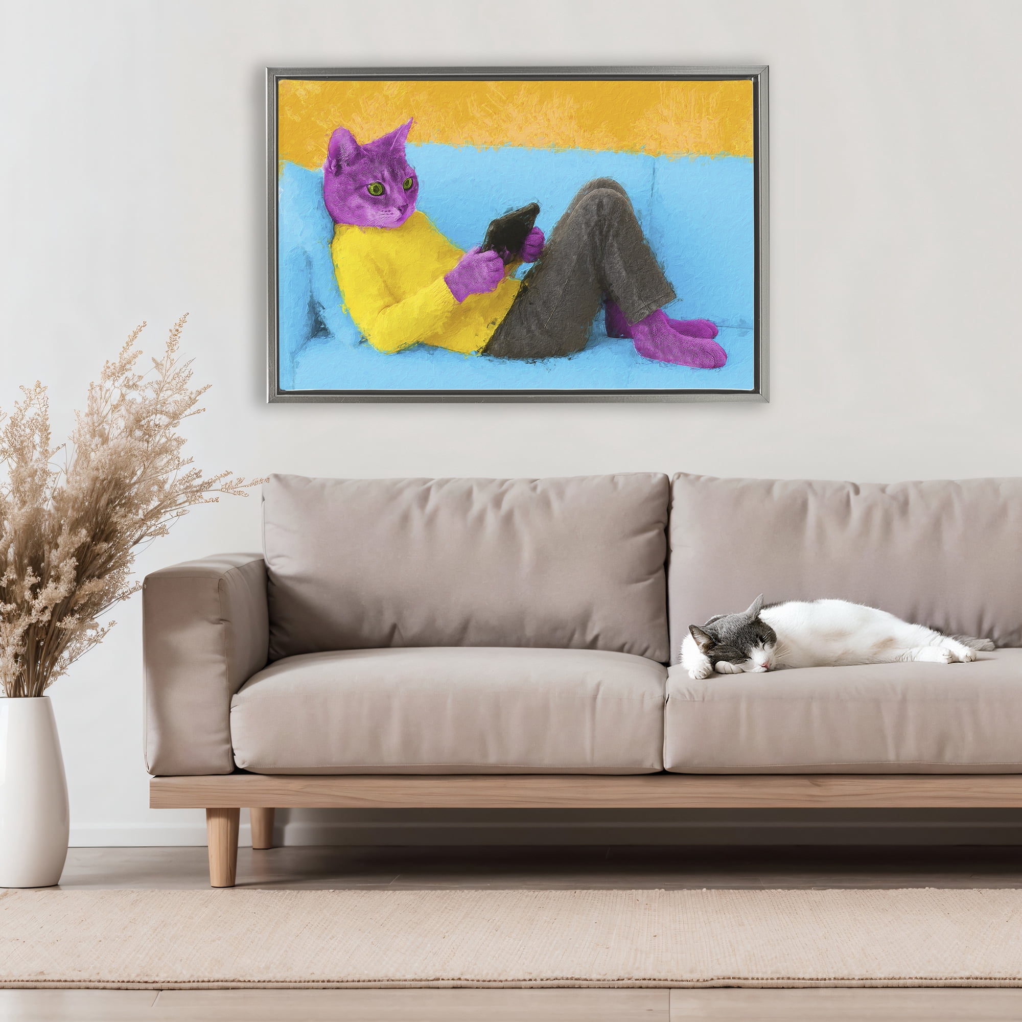Stupell Industries Vibrant Cat Playing Game Gray Framed Floater Canvas Wall Art, design by Sean Parnell