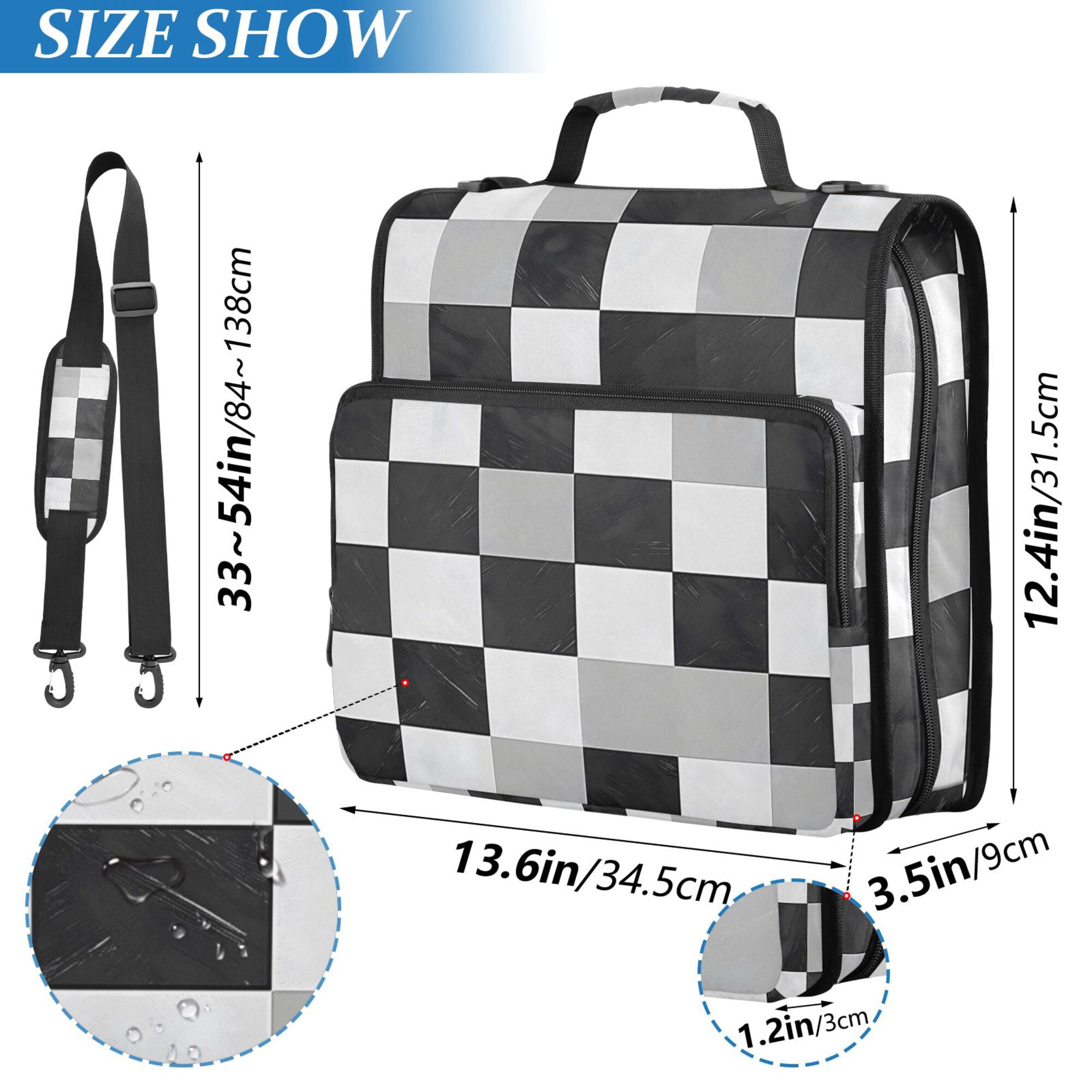 FORMRS Zipper Binder with Shoulder Strap 2-inch Ring 500 Sheet Capacity File Bag, Black and Gray Plaid Pattern