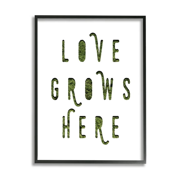Stupell Industries Love Grows Here Phrase Minimal Text Grass Pattern Inspirational Painting Black Framed Art Print Wall Art, 16 x 20