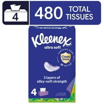 Kleenex Ultra Soft Facial Tissues, 4 Flat Boxes, 120 Tissues per Box, 3-Ply