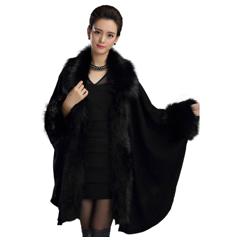 Women Fox Fur Coat Cardigan Faux Fur Poncho Shawl Outer Garment Winter Black