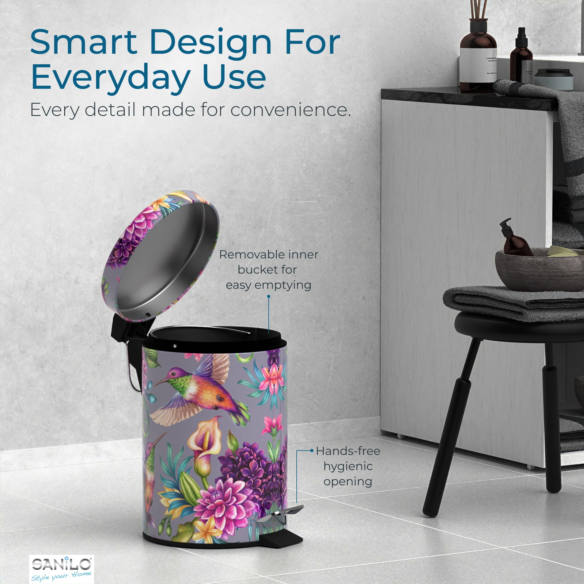 Sanilo Trash Can 1.3 Gallon with Soft Close, Many New Cosmetic and Kitchen Waste Bins Available, Bathroom Bin with Inner Bucket (Hummingbird)