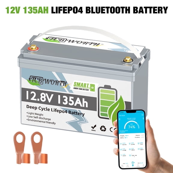 12V 135Ah Lithium LiFePO4 Battery Bluetooth,for RV,Solar,Marine,Camping,Trolling Motor,Smart 100A BMS,Group 31 Battery,TCBWORTH 15000 Deep Cycles