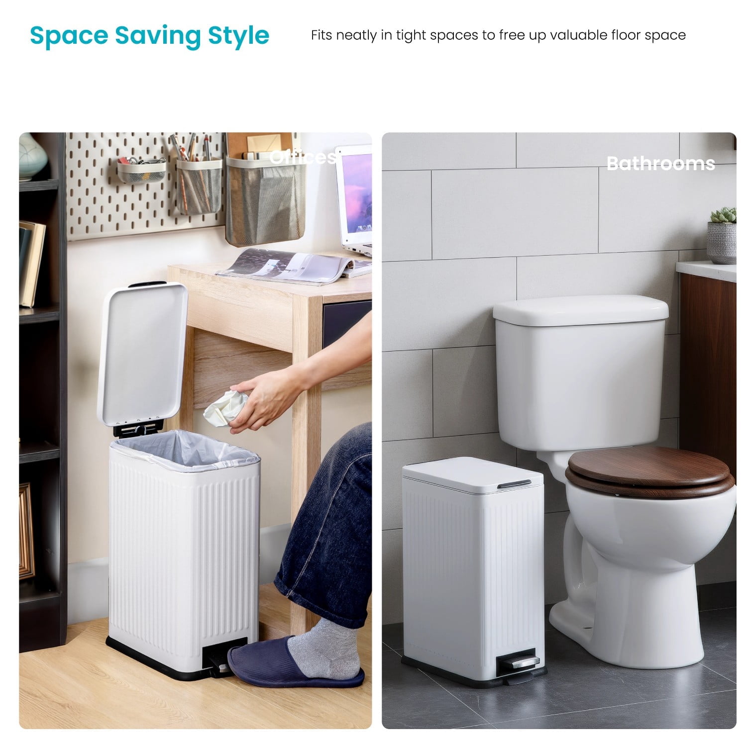 Home Zone Living 4 Gallon Slim Stainless Steel Kitchen Trash Can with Reeded Pattern, Step Pedal and Soft Close Lid, Matte White