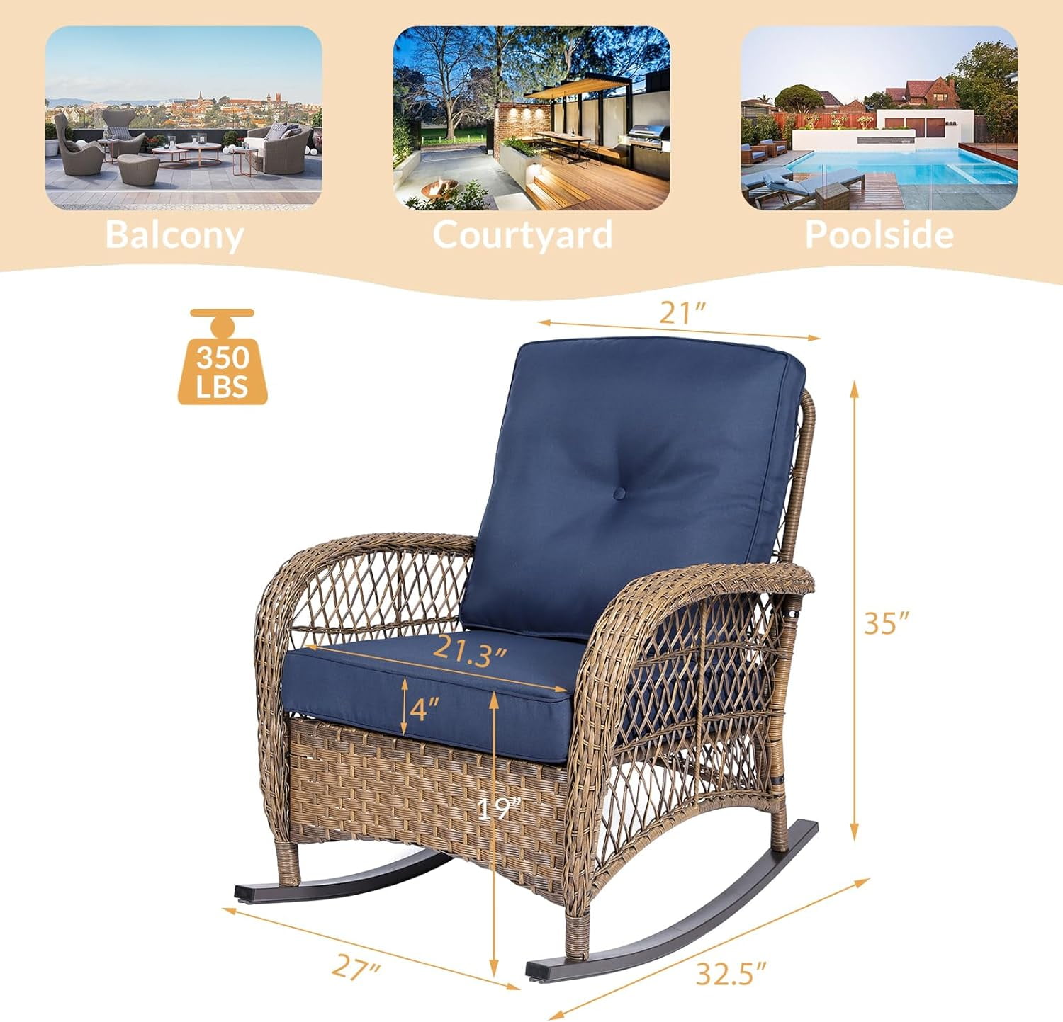 W WARMHOL Outdoor Wicker Rocking Chair with Thickened Cushions, All-Weather Rattan Patio Rocking Chairs, Rocker Wicker Chair for Porch Garden & Backyard, Beige