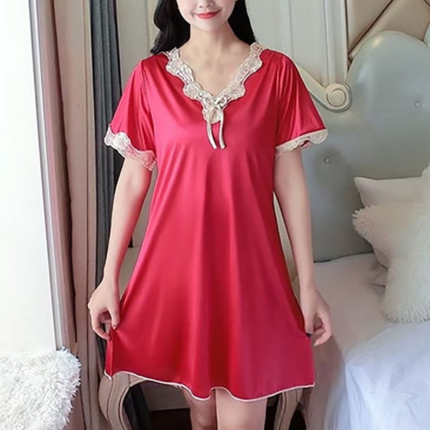 Camisón de manga corta para mujer, de poliéster, holgado, cómodo y fino, con encaje y patchwork, de color liso, largo medio