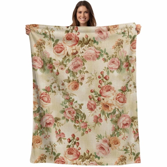 Flannel Fleece Throw Blanket Pink Rose Vintage Linen Lightweight Soft Plush Blankets,Classic Floral Leaves Plant Cozy Warm Throw Blanket for Couch Sofa Bed Car Office All Season Use 40x50in