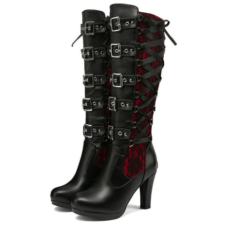 

Bnwani Fall Boots Clearance Ultra High Heel Boots Lace-Up Leather Knee-High Red Boots 35-43