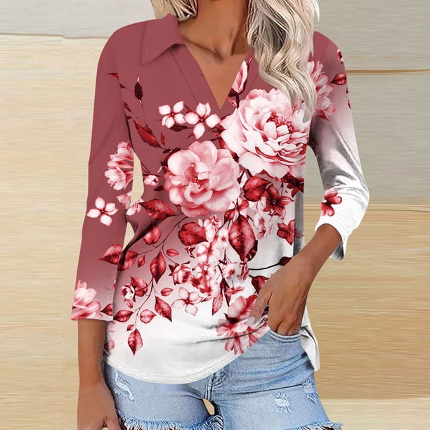 Fiudx Ofertas de La Semana Camiseta de Manga 3/4 con Solapa y Cuello En V a Juego para Mujer