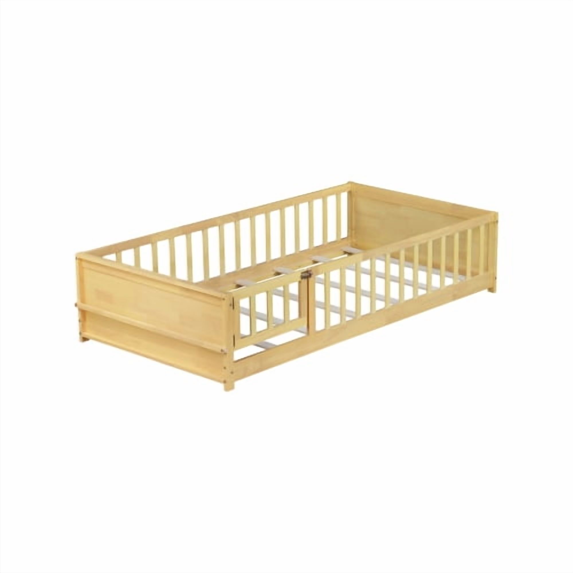 Bellemave Twin Size Floor Bed with Fence and Door, Montessori Floor Twin Bed with Built-in Book Rack, Solid Wood Twin Bed with Slats and Safety Guardrails, Natural