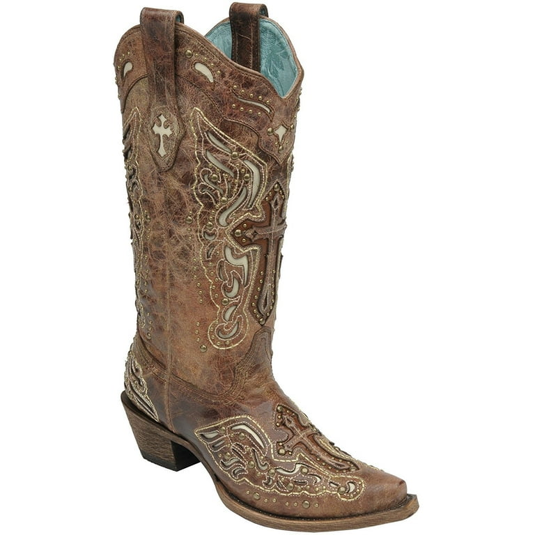 CORRAL Women s Cognac with Bone Inlay Cross and Studs Snip Toe Cowgirl Boots C2853 6.5 B M US Walmart