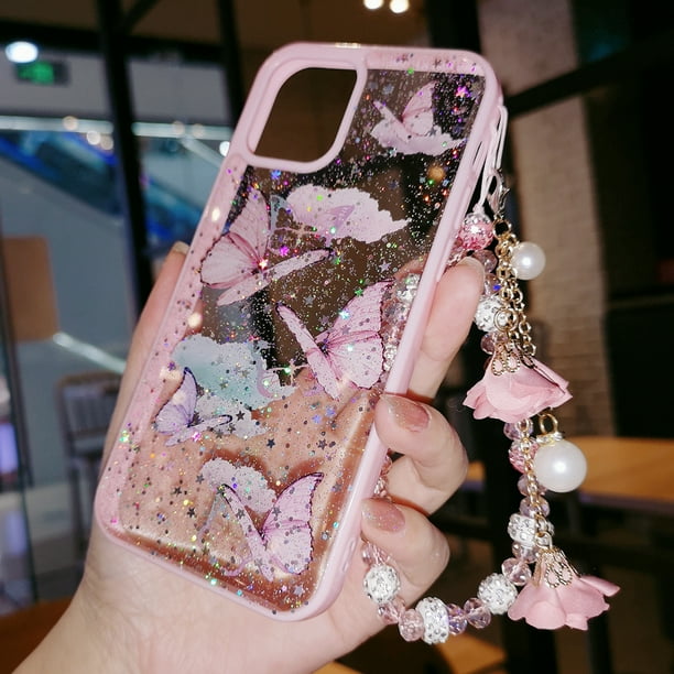 Funda de teléfono de mariposa para IPhone 14 Pro Max, 13, 12, 11, XS, XR, X, 7, 8 plus, funda de TPU transparente con purpurina, pulsera con colgante para mujer Fivean unisex