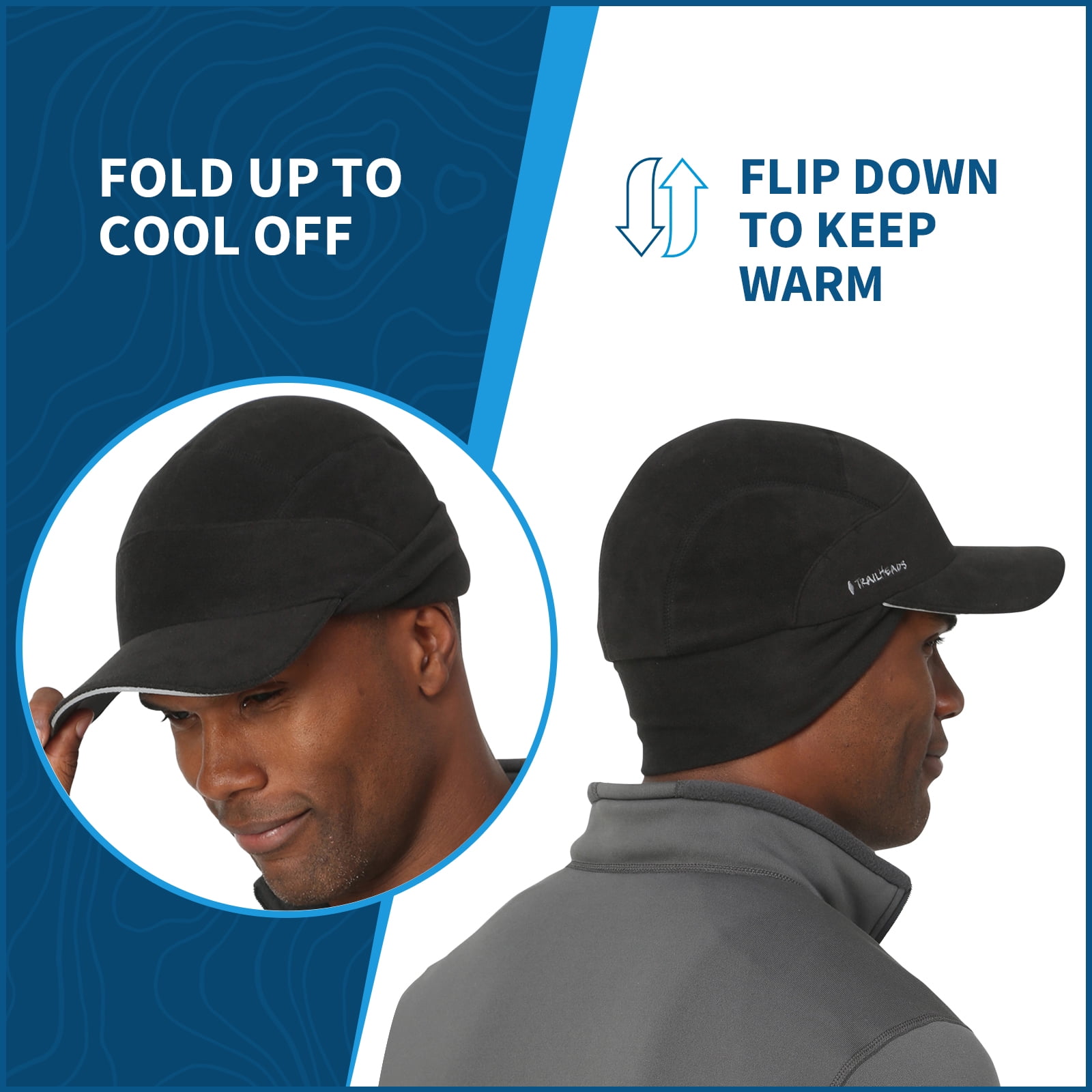 TrailHeads Men's Fleece Ball Cap with Drop Down Ear Warmer | The Trailblazer Adventure Hat - black