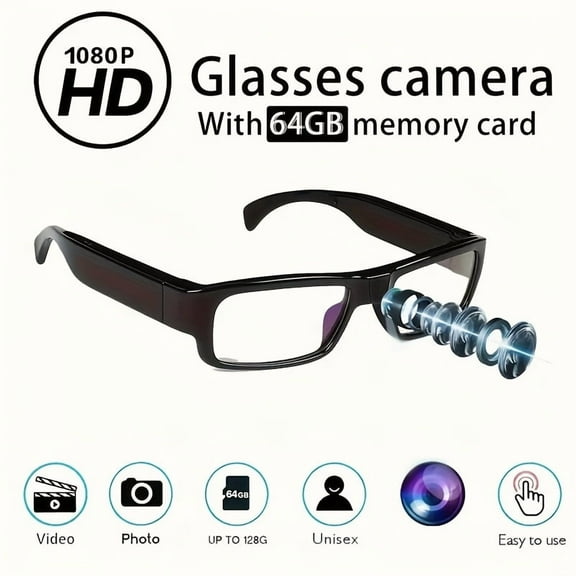 Smart Glasses with Camera, 1080P HD Camera,  Recorder Camcorder Eye Protection DV Camera glasses Video glasses, Recording Portable Camera Ultra Clear Camera Glasses with 64GB Memory Card, Long-lastin