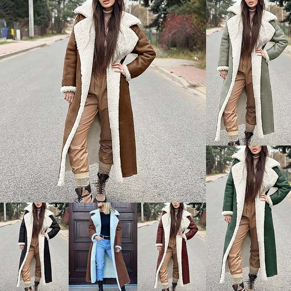 Juebong Womens Sherpa Lined Jacket Winter Long Faux Fur Coats Long Sleeve Lapel Leather Furry Jackets Shaggy Parka Outerwear Army Green,XXL
