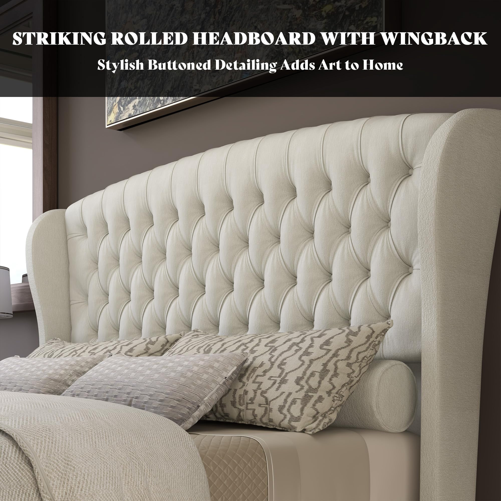 VanAcc California King Size Platform Bed Frame, Velvet Upholstered Sleigh Bed with Scroll Wingback Headboard & Footboard/Button Tufted, Cream