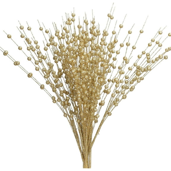 10 Pack Golden Artificial Glitter Berry Stem Ornaments 15.7 Inches Fake Christmas Picks Decorative Glitter Sticks for Christmas Tree DIY Wreath Crafts Gift Fireplace Holiday Home Decor