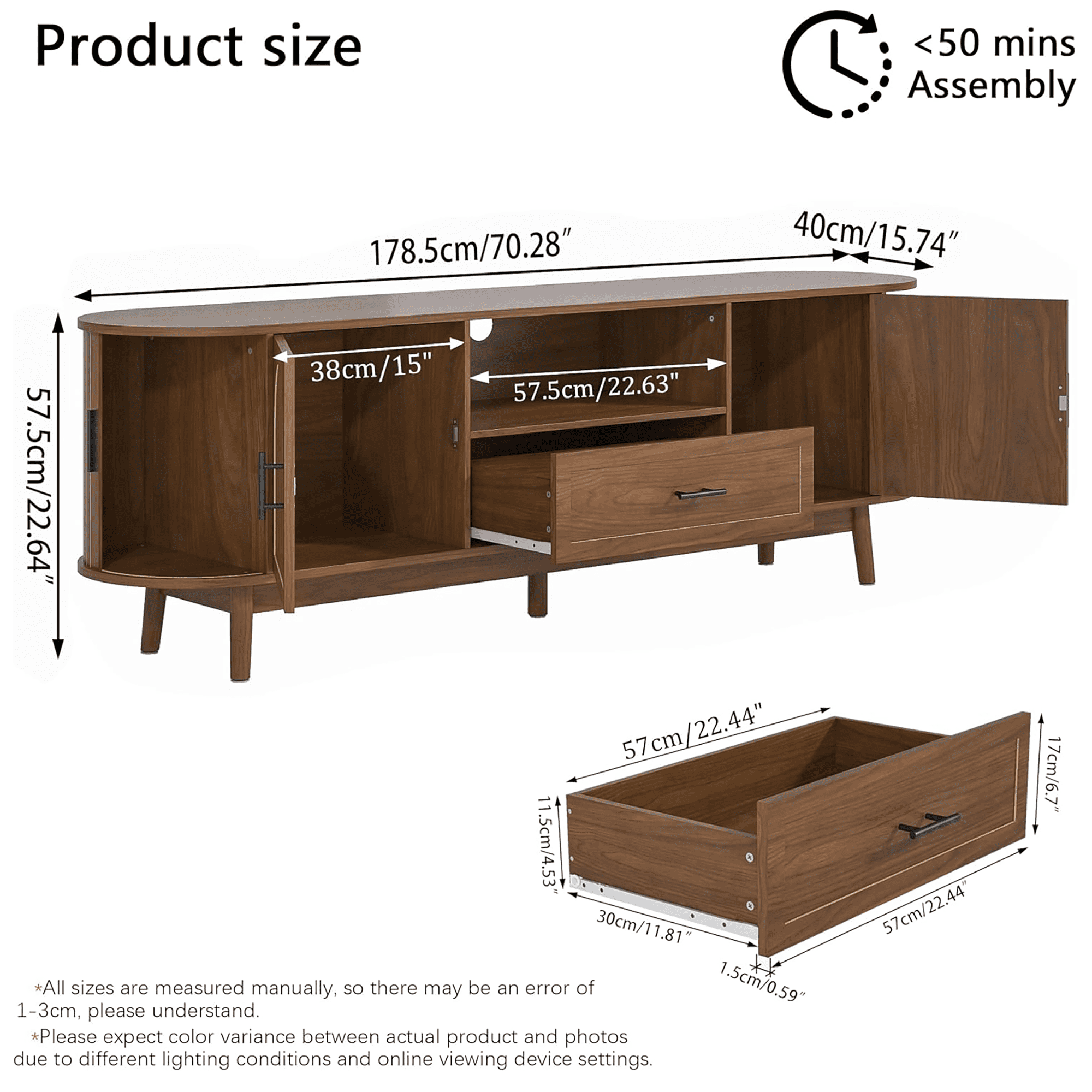 TV Stand for for TVs up to 80 Inch, 70" TV Console with Drawer and Fluted Doors, Modern Mid Century Entertainment Center for Living Room Bedroom, Walnut