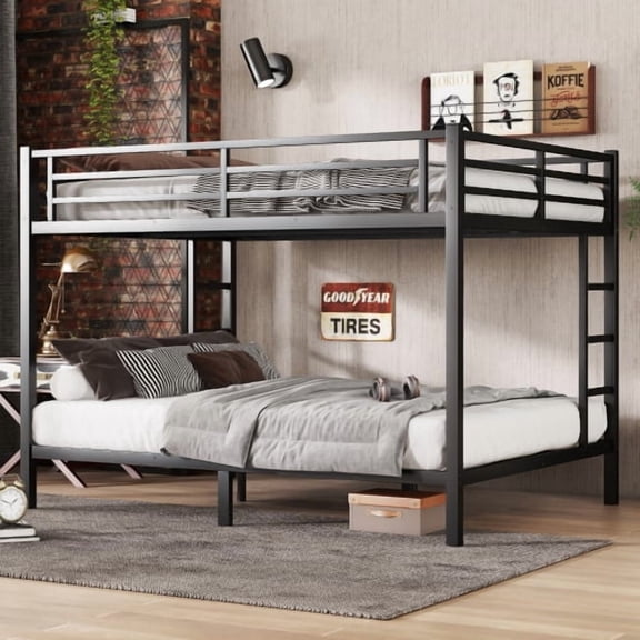 Bellemave Queen over Queen Size Bunk Bed Set Heavy Duty Metal 2 Bunk Bed Frame with Ladders and Guardrails Space Saving Noise Reduced Queen Bunk Bed for Adults, Teens, Black