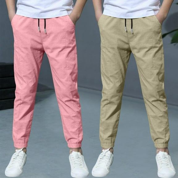 HOMADLES 2Pc Boys Joggers Pants for Teens Boys Linen Athletic Hiking Breathable Stretch Casual Sweatpants Pants Pink 3 T