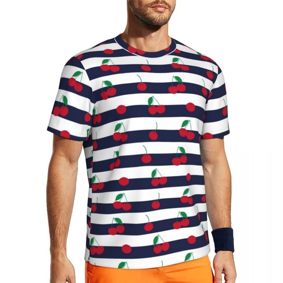 T Shirt For Men Cute Cherry Black Striped Print Hip Hop Running Short-Sleeve Breathable Tops Summer