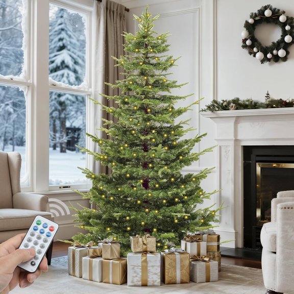 Prelit Aspen Fir Realistic Christmas Tree 6.5ft with Remote Control, Pre-lit Hinged Xmas Tree with Glittering Diamond Tips, Holiday Decor for Holidays, Parties, Green